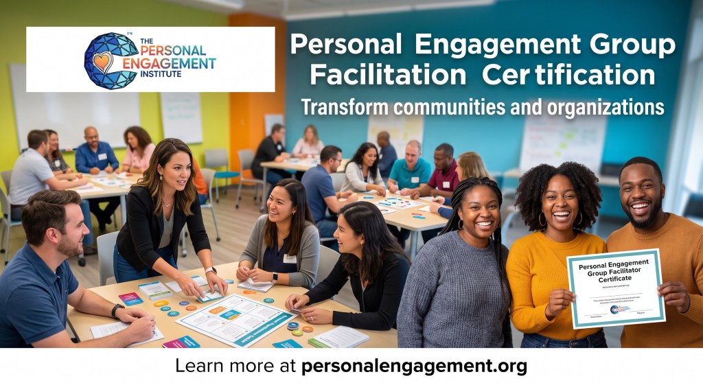 The Personal Engagement Group Facilitation Certification is a train-the-trainer program for nonprofits, government agencies, and more. Find details at personalengagement.org